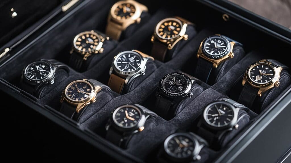 Luxury watch case featuring an assortment of gold, black, and stainless steel timepieces, highlighting premium designs and versatility.
