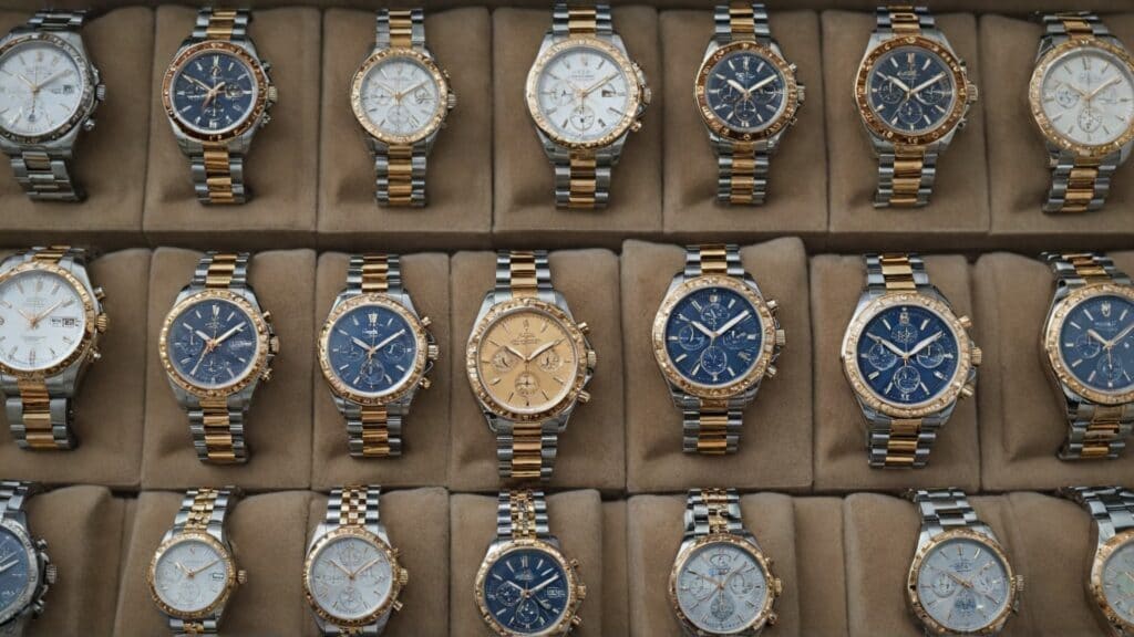 Collection of luxury watches displayed in organized rows showing premium timepieces from top brands with two-tone steel and gold bracelets