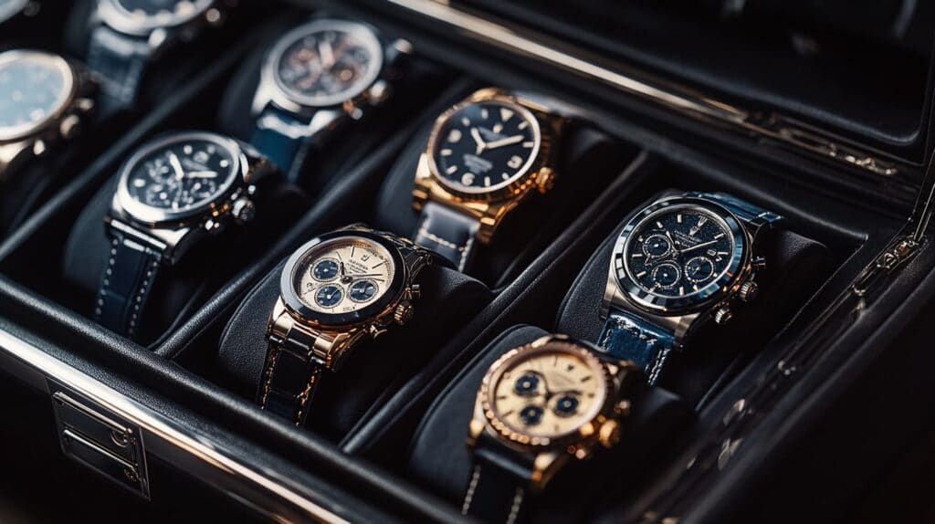 A collection of luxury mechanical and automatic watches displayed in a black leather watch case, showcasing intricate designs and craftsmanship.