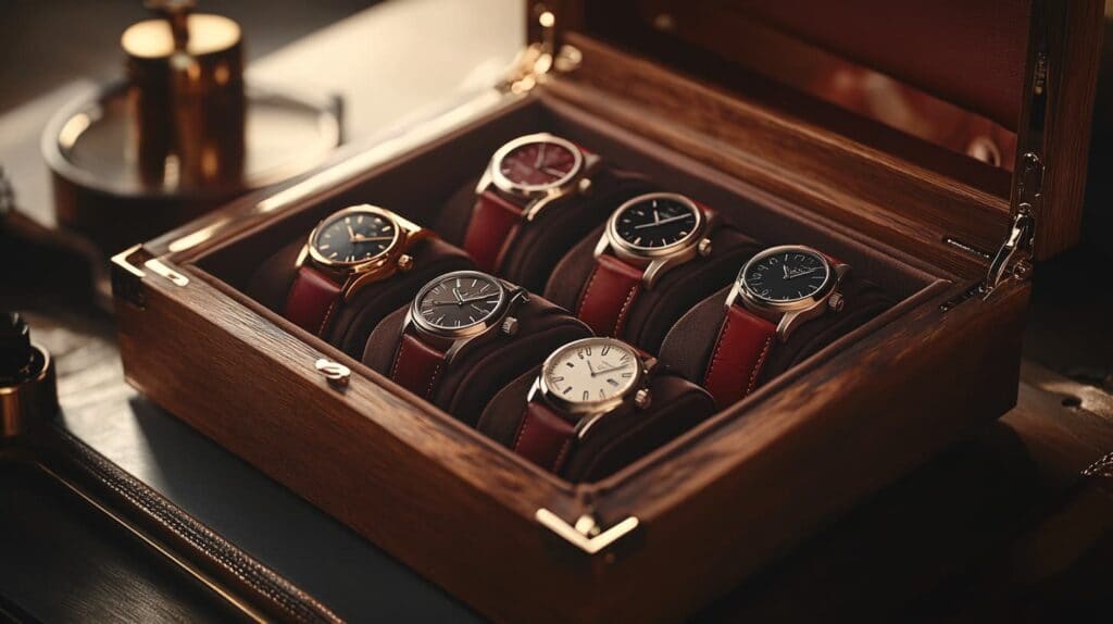Luxury wristwatches stored in a wooden watch box with individual compartments, highlighting proper watch storage to prevent scratches and ensure longevity.