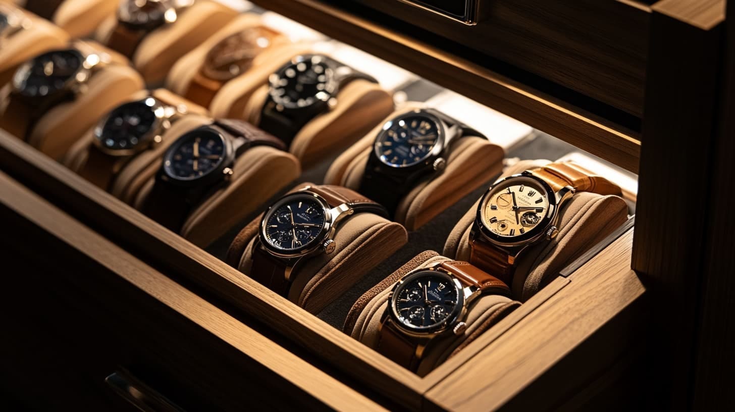 Watches with blue and champagne dials on cushions in a wooden drawer