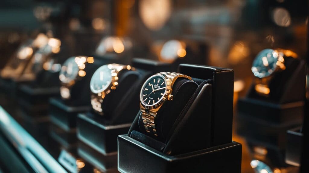 Luxury watches displayed in a retail showcase, featuring elegant designs and polished metal bracelets under warm lighting.