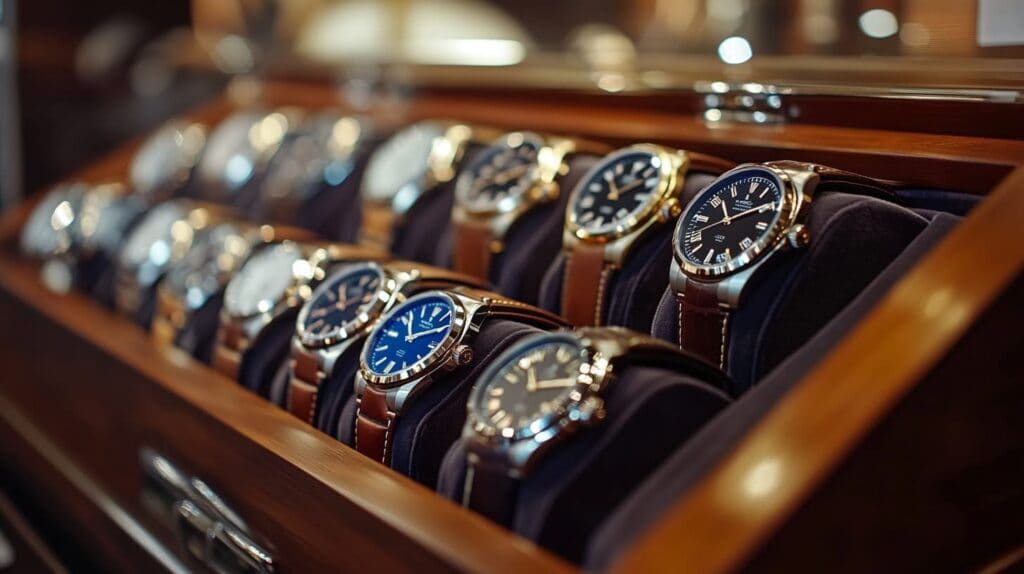 A detailed view of luxury watches in a premium display case, showcasing elegant designs and craftsmanship, representing investment opportunities in the secondary market.