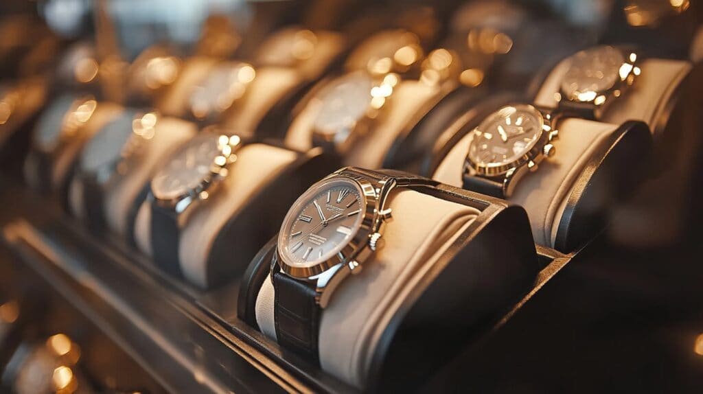 A showcase of luxury watches in a high-end store, featuring elegant designs and premium craftsmanship under warm lighting.