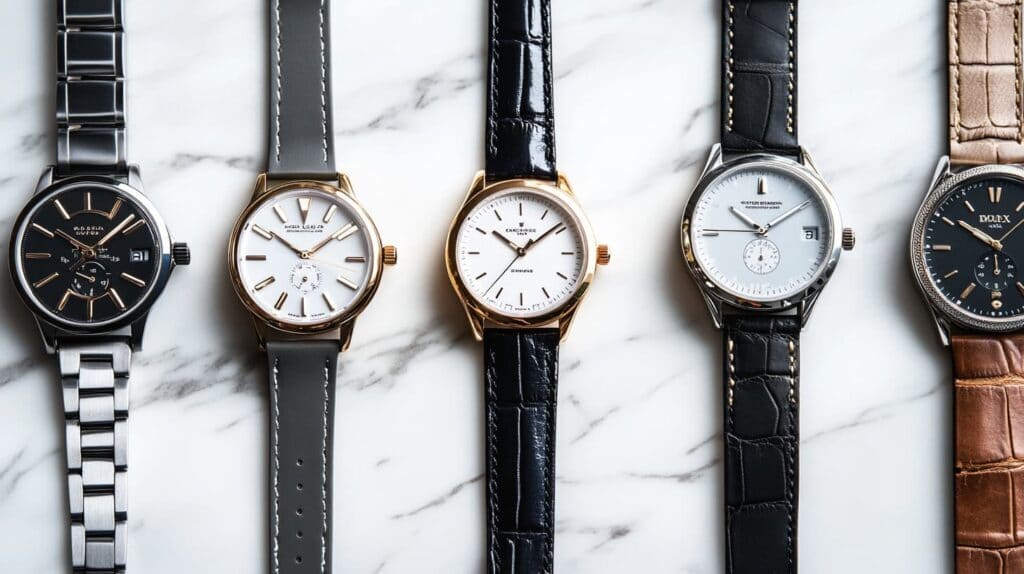 A collection of luxury women's watches displayed on a marble surface, featuring various strap materials and classic dial designs.