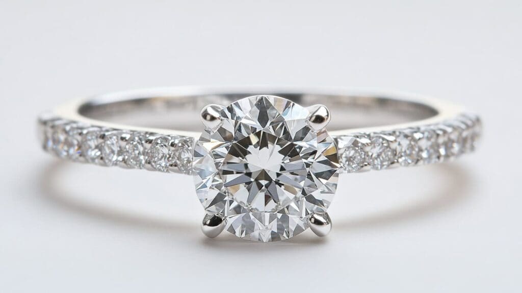 Close-up of a machine-made white gold engagement ring featuring a round brilliant-cut diamond and a pavé-set band, against a clean white background.