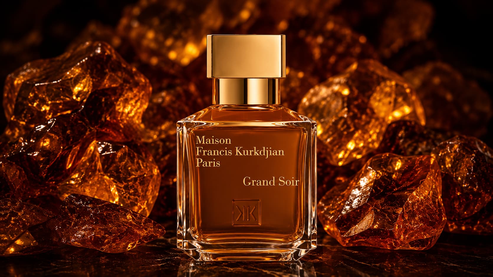 Maison Francis Kurkdjian Grand Soir perfume bottle surrounded by amber crystals