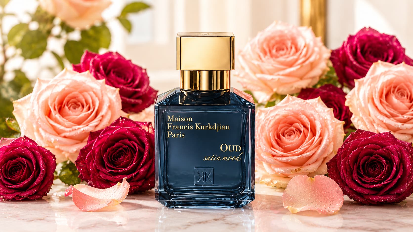Maison Francis Kurkdjian Oud Satin Mood perfume bottle surrounded by pink and red roses