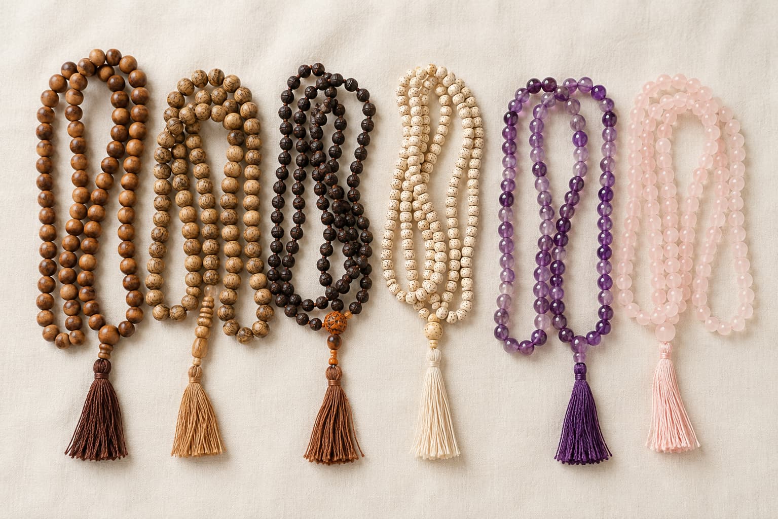 Different mala bead necklaces made from wood, seeds, and gemstones