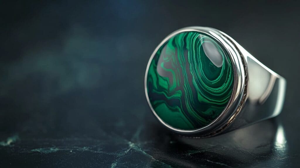 A polished malachite stone set in a silver signet ring with intricate green banding patterns, displayed on a dark reflective surface.