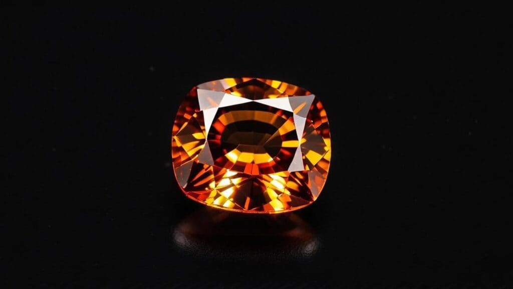 Cushion-cut mandarin spessartine garnet with vivid orange color and brilliant sparkle, displayed on a black background.