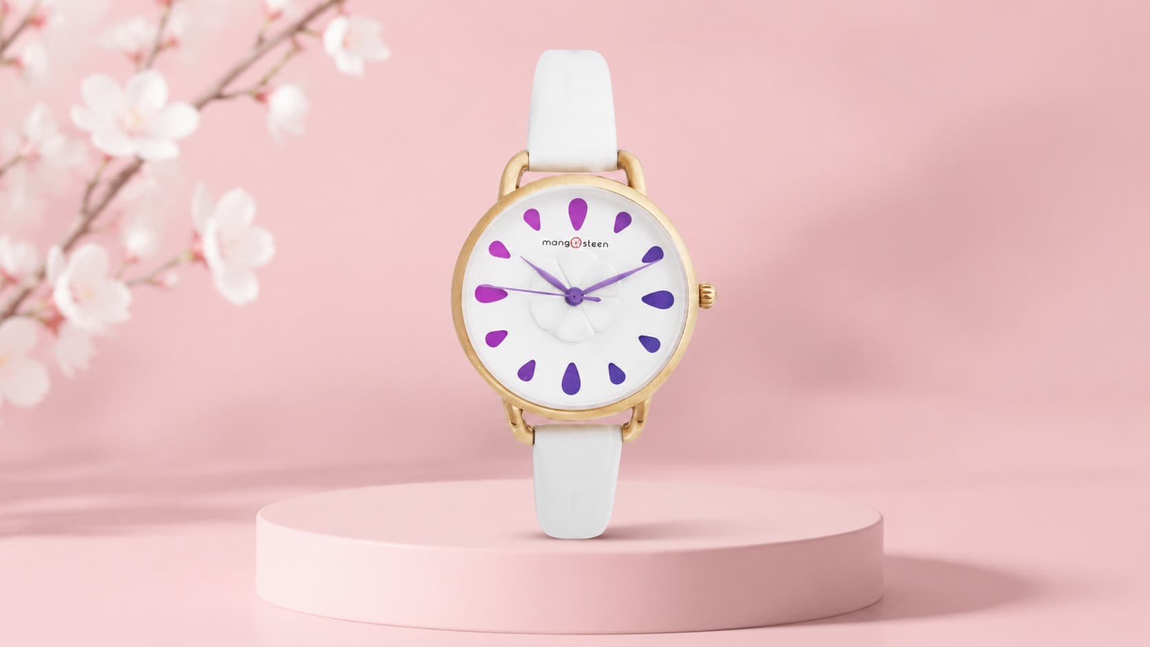 Mangosteen Mangkhut MS521C watch with a purple petal-patterned dial and white leather strap