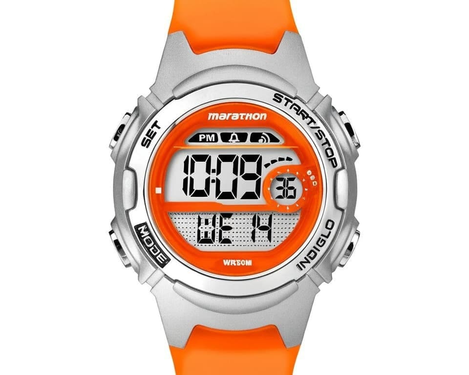 Marathon digital sports watch with orange accents and multiple function displays showing modern digital timepiece design