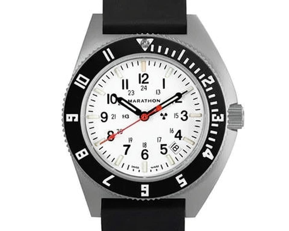 Marathon Arctic dive watch with white dial, black bezel and black rubber strap