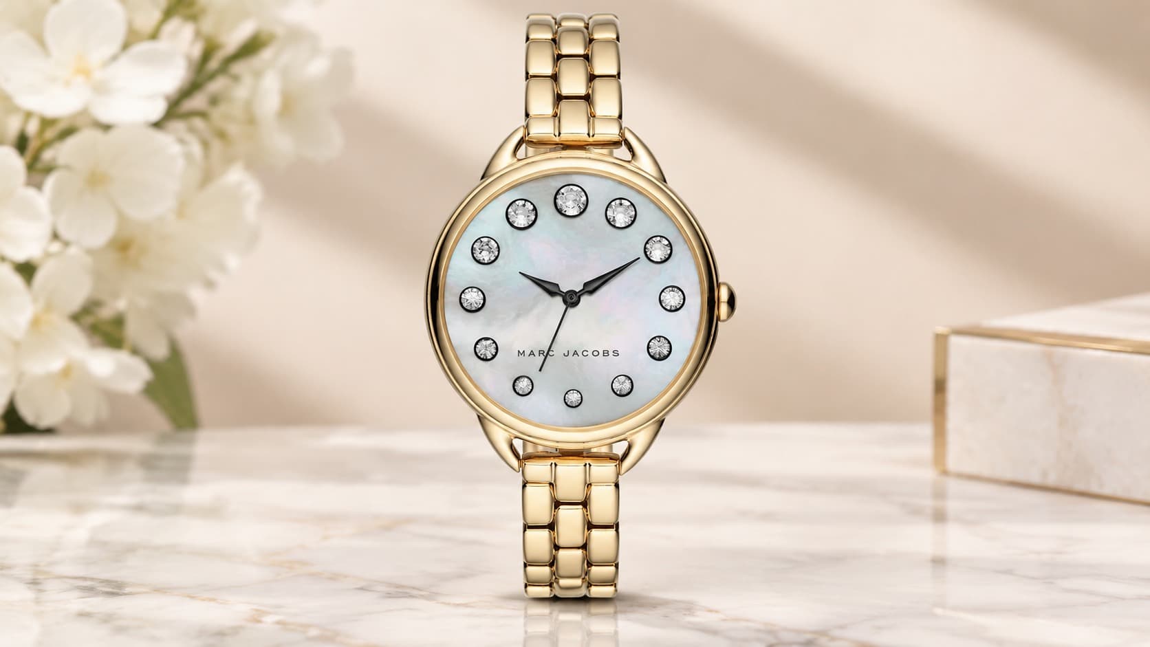 Marc Jacobs MJ3509 women's gold-tone watch with mother-of-pearl crystal dial