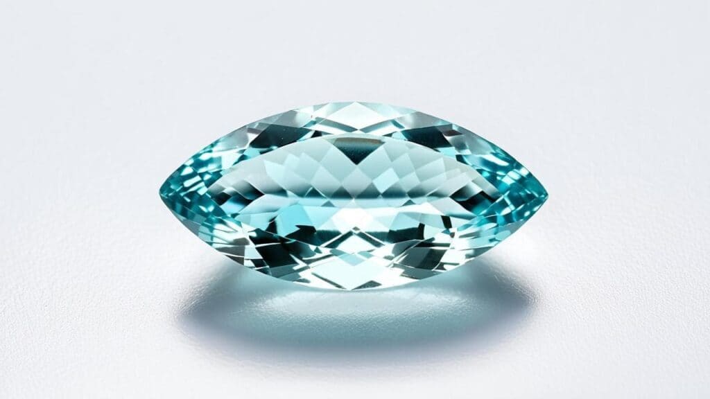 Marquise-cut aquamarine gemstone with a light blue hue and intricate facets, set against a neutral surface.