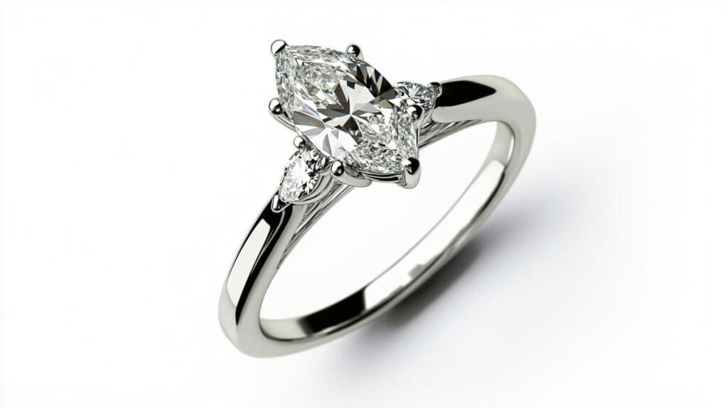 A stunning marquise cut diamond engagement ring set in white gold, featuring side accent diamonds for added brilliance and elegance.