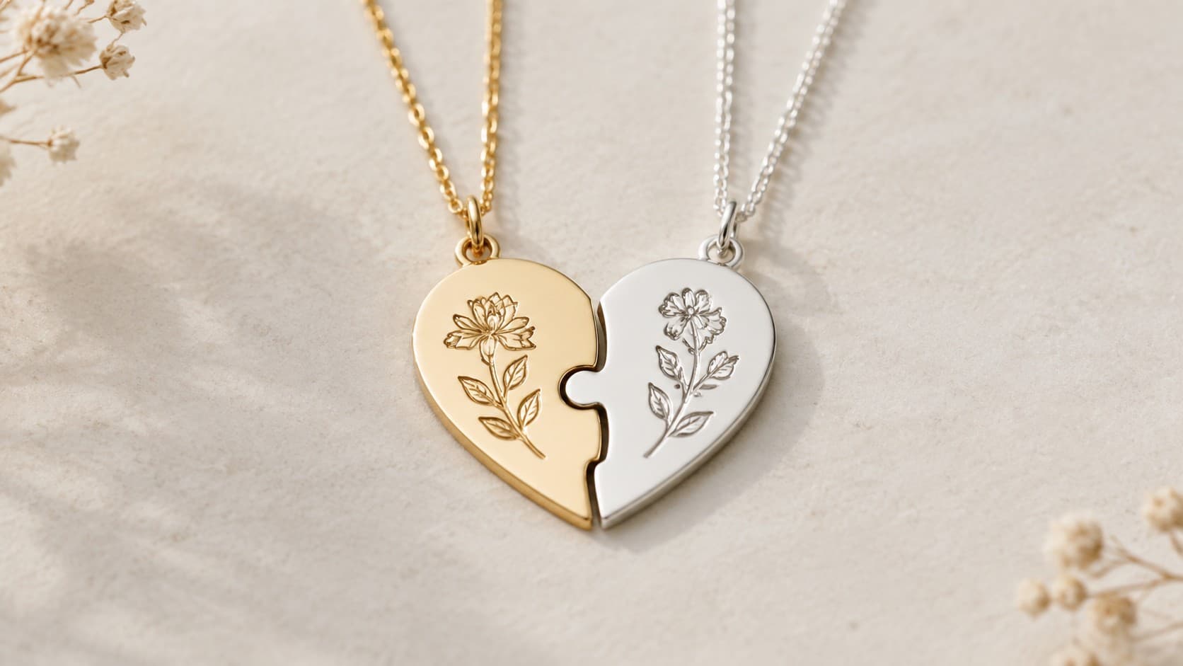 Gold and silver matching heart pendant necklaces engraved with flowers, joined together as one heart