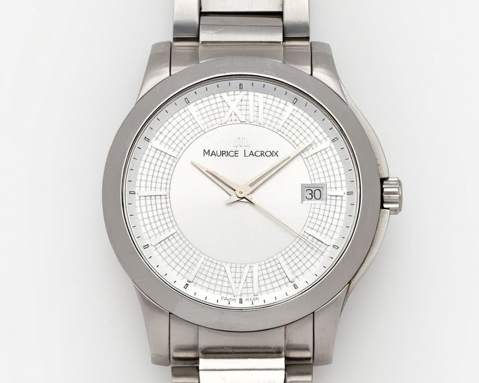 Maurice Lacroix watch with silver grid-textured dial, Roman numerals and steel bracelet