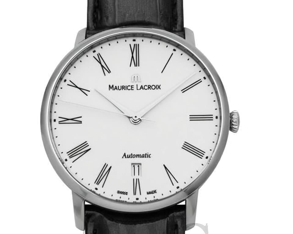 Maurice Lacroix Eliros automatic watch with clean white dial, Roman numeral hour markers, date display at 6 o'clock, and black leather strap