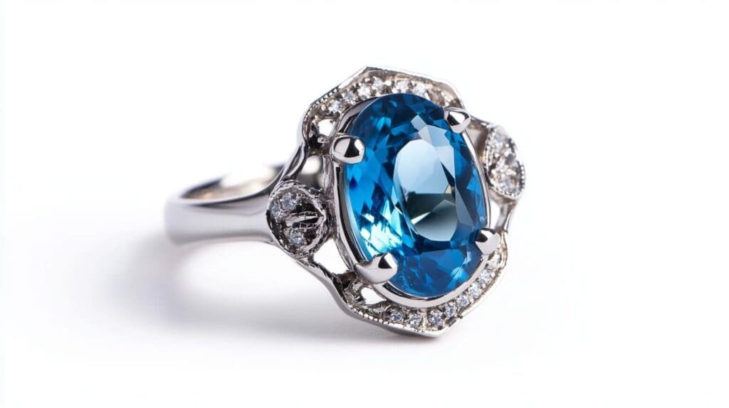 An elegant ring featuring a vibrant oval-cut Maxixe beryl gemstone set in white gold with diamond accents, highlighting its rarity and brilliance.