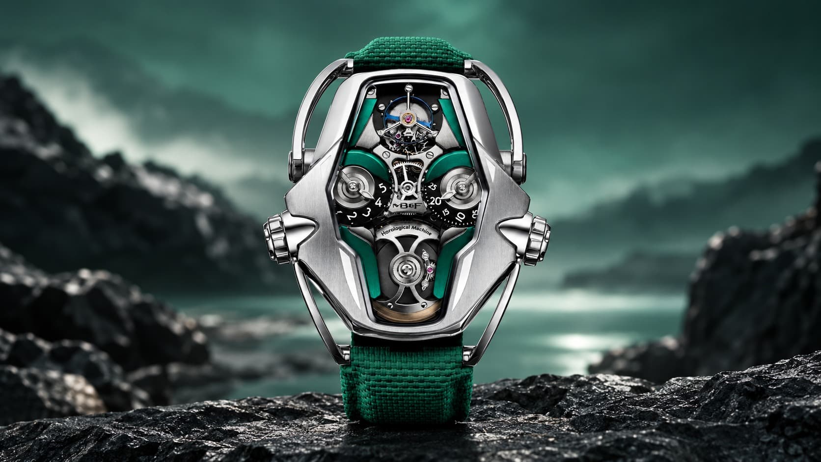 MB&F HM12 Guardian horological machine in titanium with green strap
