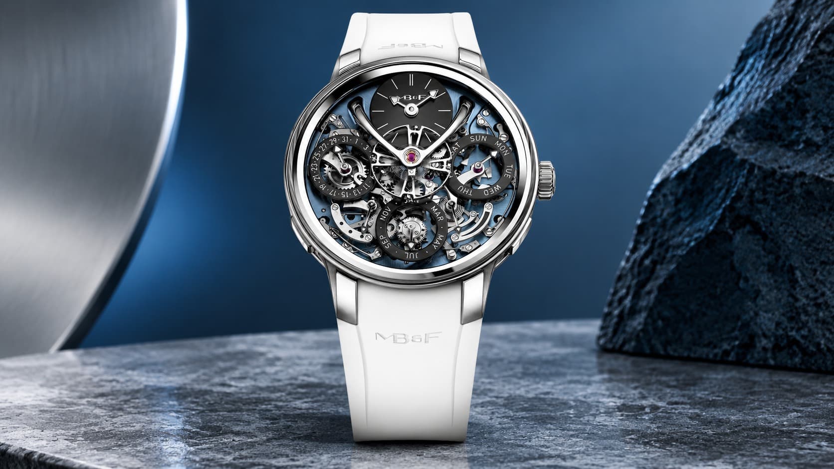 MB&F Legacy Machine Perpetual EVO in blue with white rubber strap