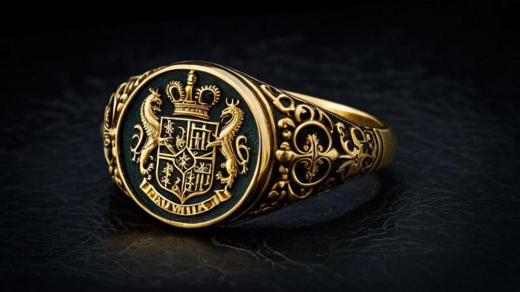 Ornate medieval-style gold signet ring featuring a heraldic crest with intricate engravings, symbolizing nobility and status.