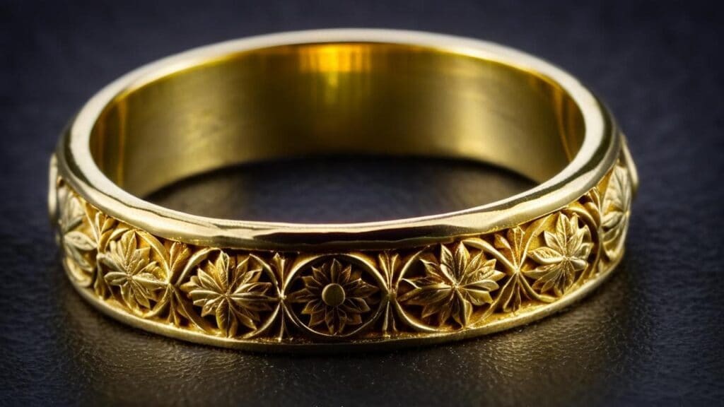 A medieval-style gold wedding band with delicate floral engravings, representing historical craftsmanship and symbolic marriage traditions.