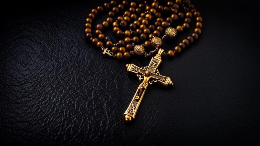 A medieval-style rosary with wooden prayer beads and an elaborate gold crucifix, reflecting religious devotion in medieval Europe.