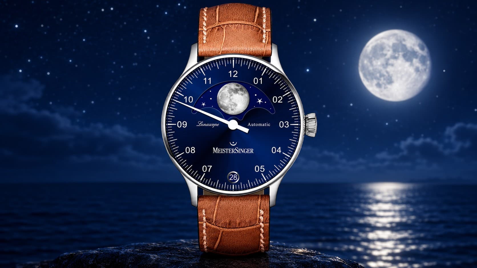 MeisterSinger Lunascope sunburst blue moon phase watch on a leather strap against a moonlit ocean background