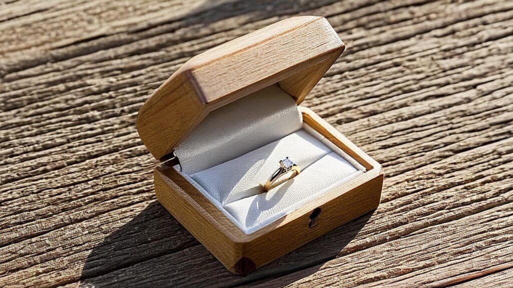 A gold engagement ring featuring a memorial diamond, beautifully presented in a wooden ring box on a rustic wooden surface, signifying love and remembrance.