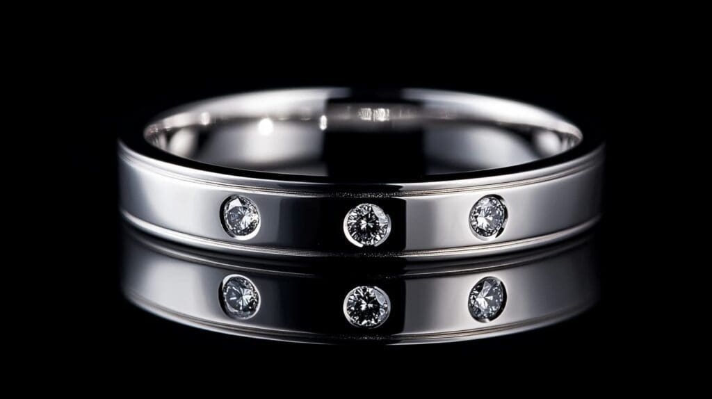 A modern men’s ring featuring flush-set diamonds, crafted in polished white gold with a sleek, understated style.