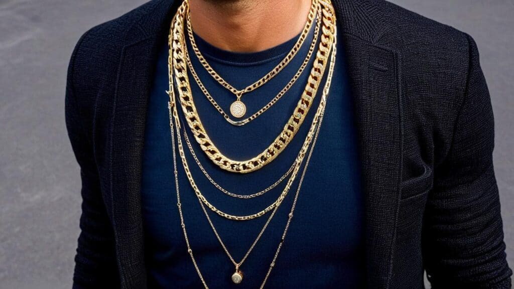 A stylish man wearing multiple layered gold-tone chain necklaces over a navy blue shirt and black blazer, showcasing a bold costume jewelry style.