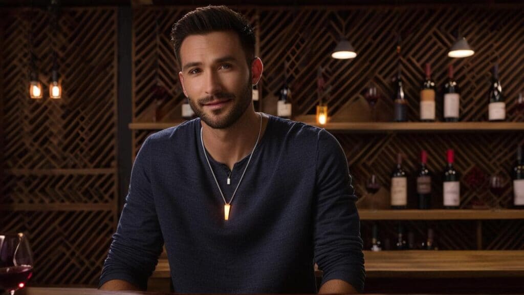 A confident man at a wine bar wearing a sleek pendant necklace, demonstrating stylish yet subtle first date jewelry.