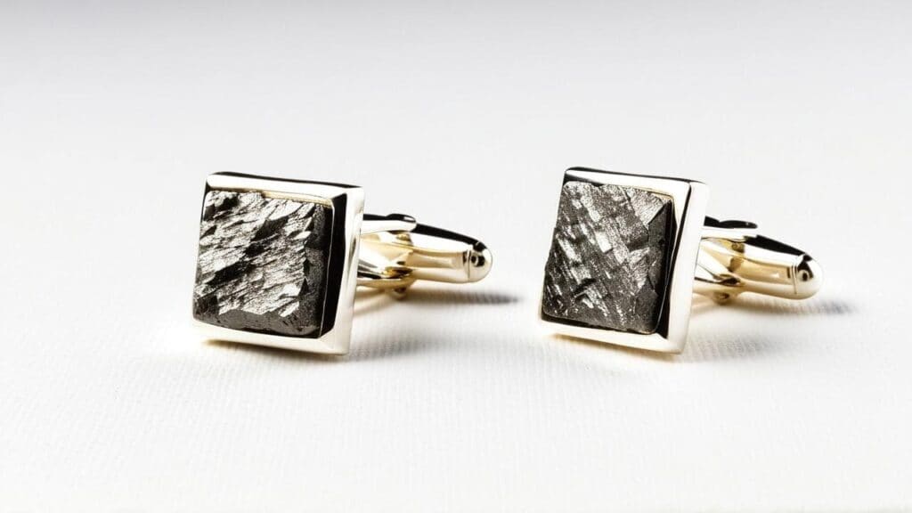 Premium meteorite cufflinks with square-cut meteorite inlays in gold and silver settings displaying natural space-formed Widmanstätten patterns for formal wear