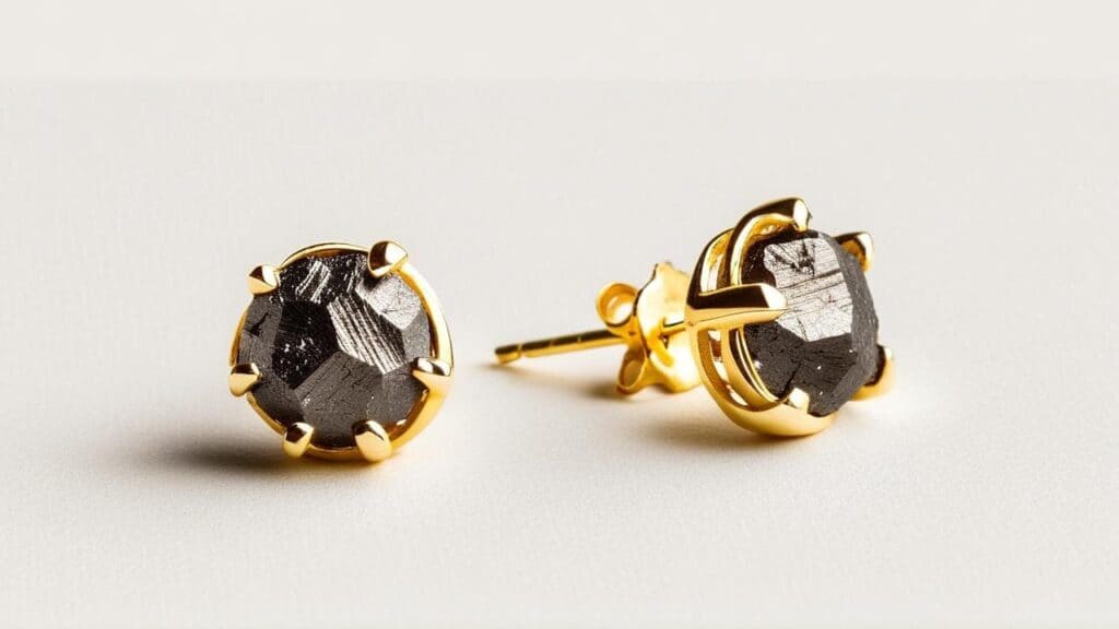 Elegant meteorite stud earrings in gold prong settings showcasing distinctive Widmanstätten crystalline patterns from authentic iron meteorite fragments
