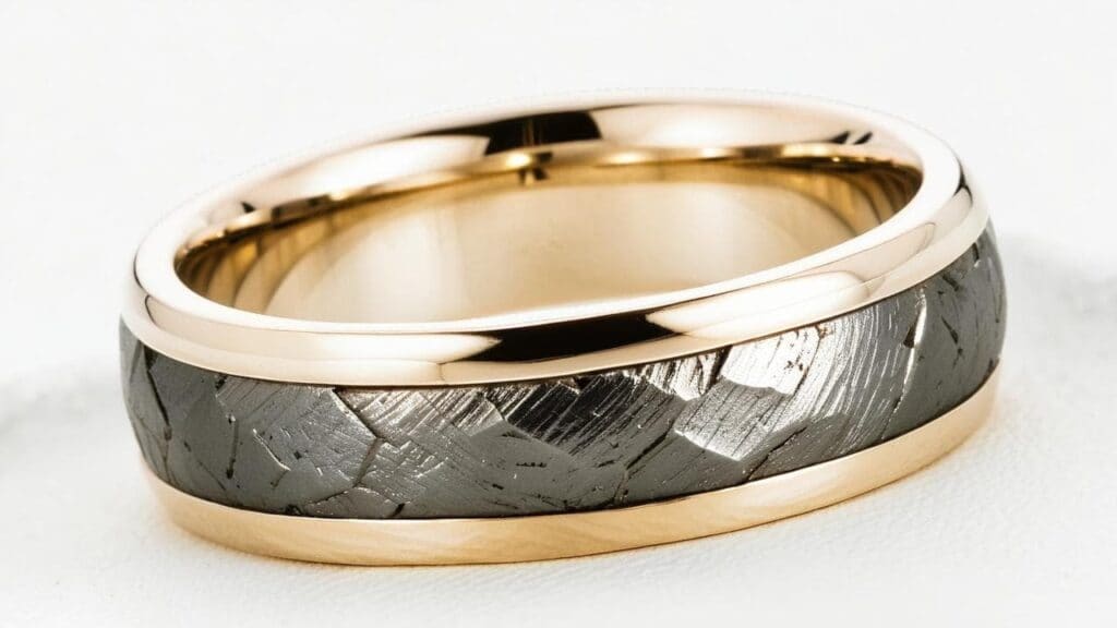 Luxurious meteorite wedding ring with rose gold setting and authentic iron meteorite inlay showing distinctive cosmic crystalline patterns formed in space