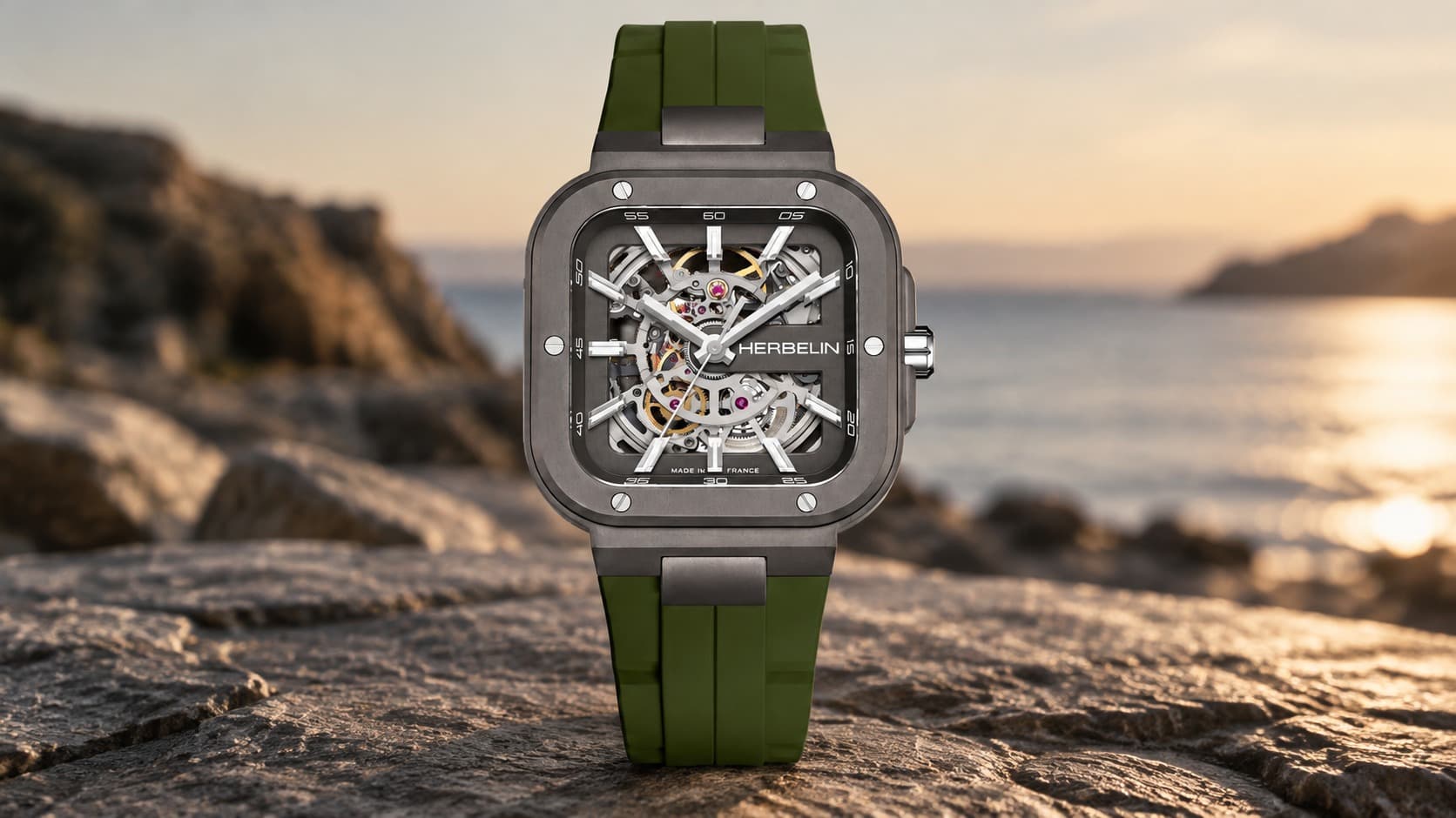 Michel Herbelin Cap Camarat Square skeleton watch in khaki titanium with a green rubber strap