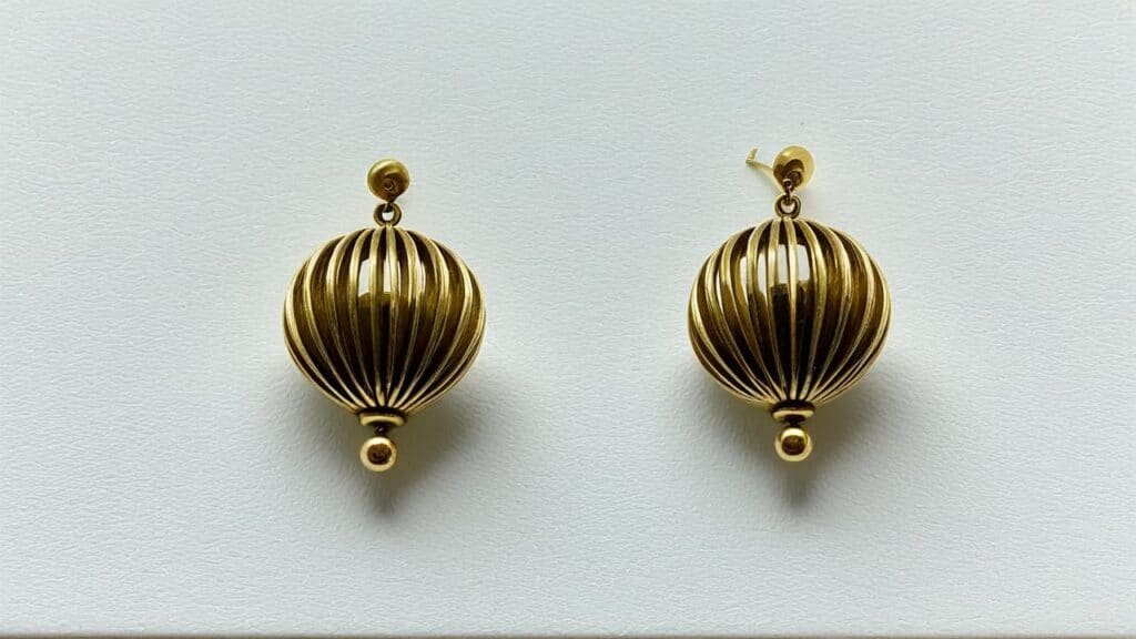 Mid-century modern gold ribbed sphere earrings with atomic age design featuring radiating lines and sculptural three-dimensional forms