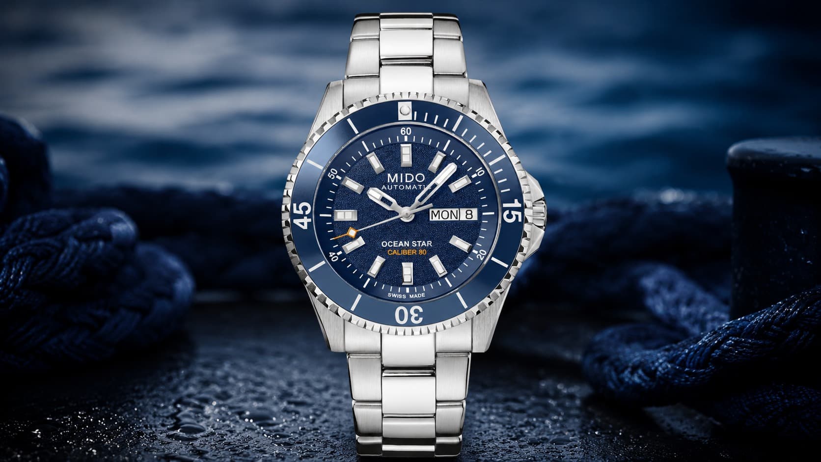Mido Ocean Star 200 blue dial dive watch with steel bracelet