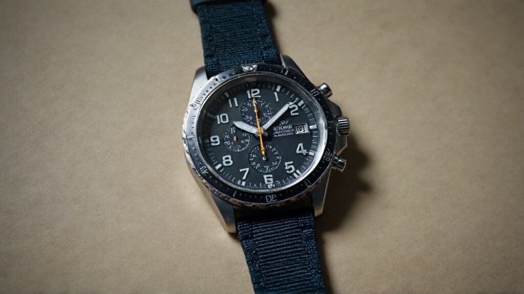 Military-style field watch chronograph with black dial and blue NATO strap showing classic field watch design elements