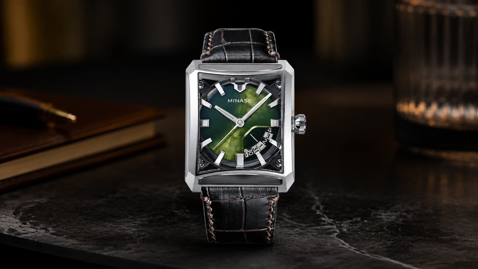 Minase 7 Windows Leather watch with square steel case and green dial