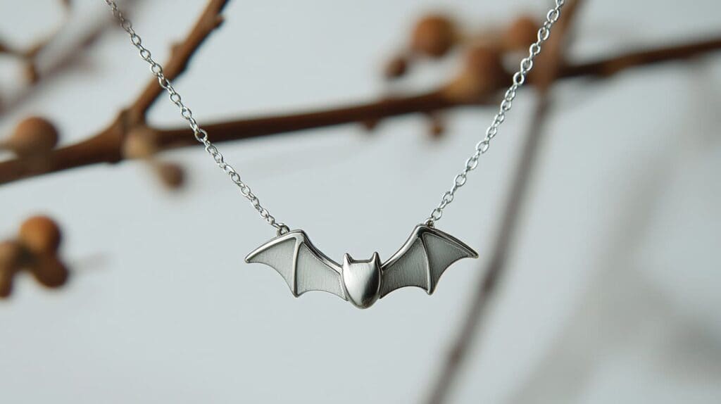 Minimalist bat necklace crafted in polished silver with a sleek wing design, symbolizing nocturnal navigation and modern elegance.