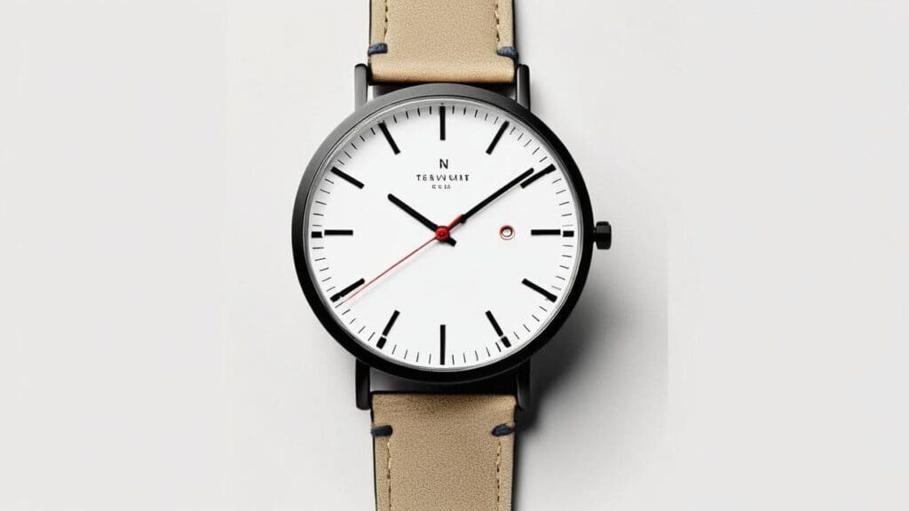 Minimalist black watch with leather strap showing date function that needs periodic servicing to maintain optimal performance