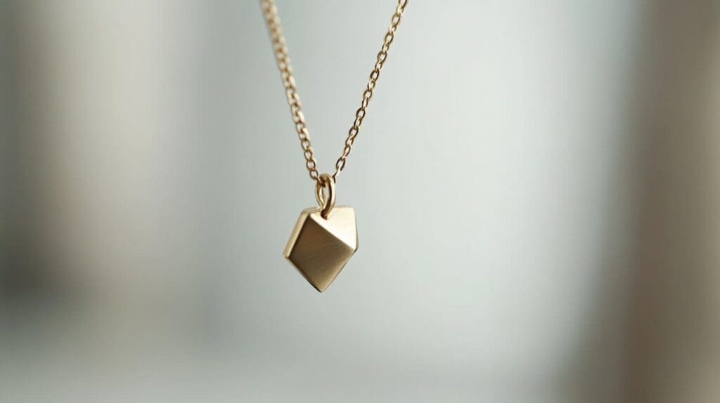 A minimalist brass pendant with a geometric design, hanging on a delicate chain, highlighting the modern appeal of brass jewelry.