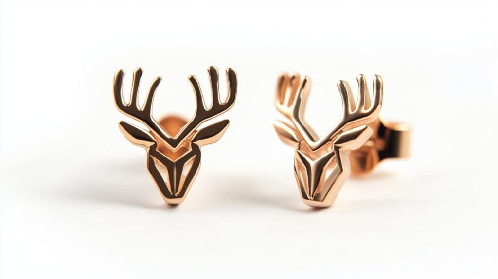 Rose gold earrings shaped as minimalist deer heads with clean, geometric lines, perfect for contemporary fashion.