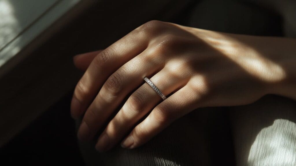 Minimalist diamond eternity band on a hand, illuminated by soft, natural light, highlighting its timeless elegance and simplicity.