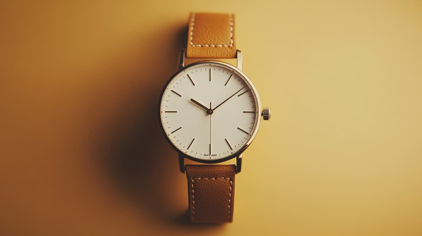 Minimalist dress watch with white dial and tan stitched leather strap on mustard background