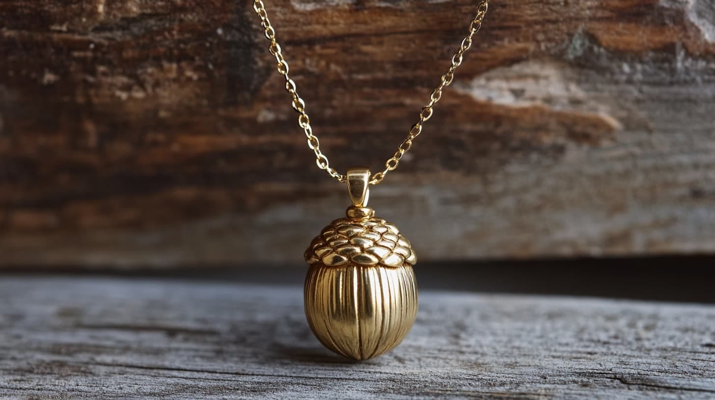 Gold acorn pendant with ridged body and textured cap on weathered wood